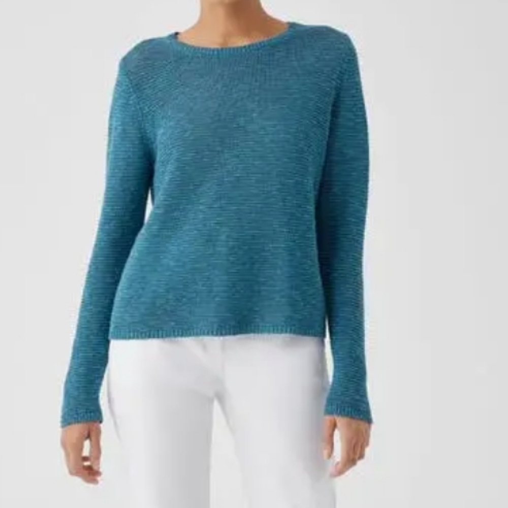Eileen Fisher Linen-Cotton Texture Crew Neck Knitted Sweater River Color